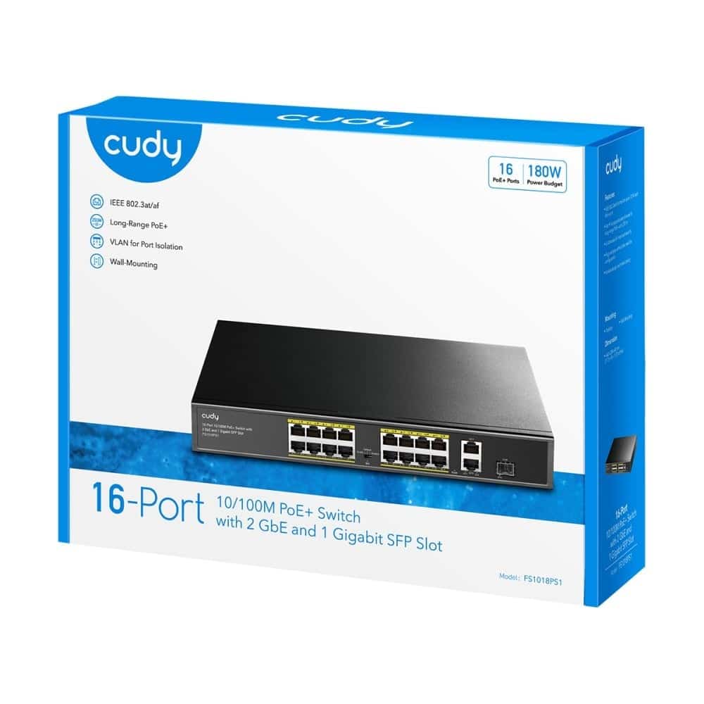 16-portars PoE+ 180W Switch med 2 Gigabit Uplink & SFP – FS1018PS1 FS1018PS1