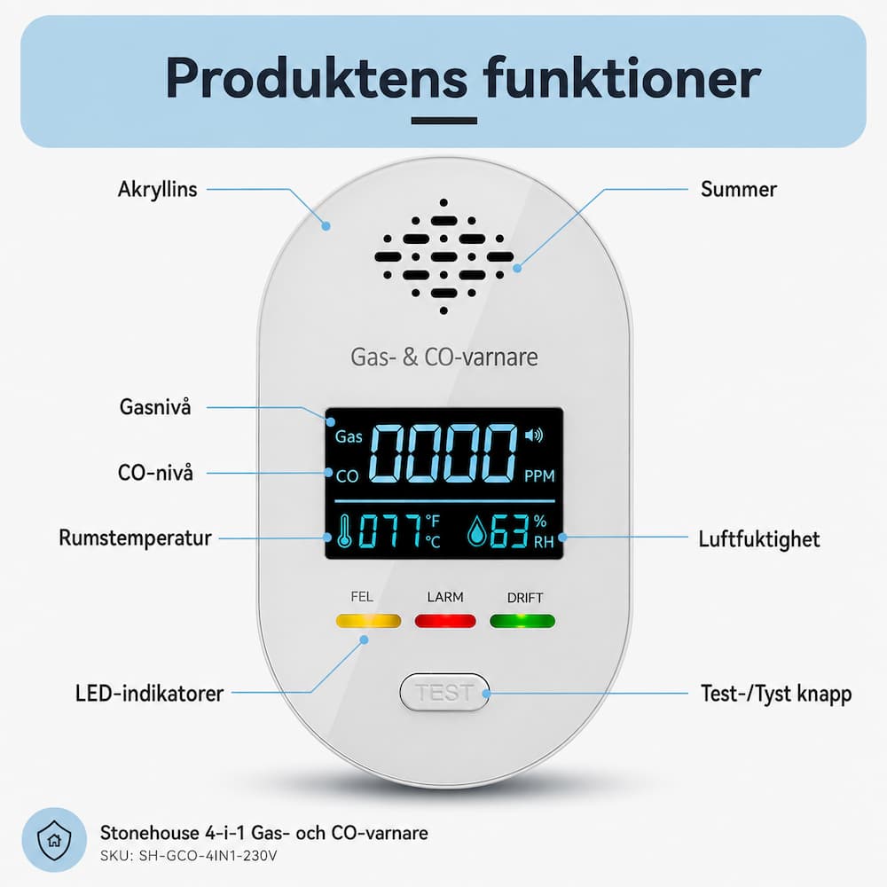 Stonehouse 4-i-1 Gas- och Kolmonoxidvarnare 230V med Temperatur och Luftfuktighet SH-GCO-4IN1-230V, Stonehouse 4-i-1 Gas- och Kolmonoxidvarnare 230V med Temperatur och Luftfuktighet - Bild 2