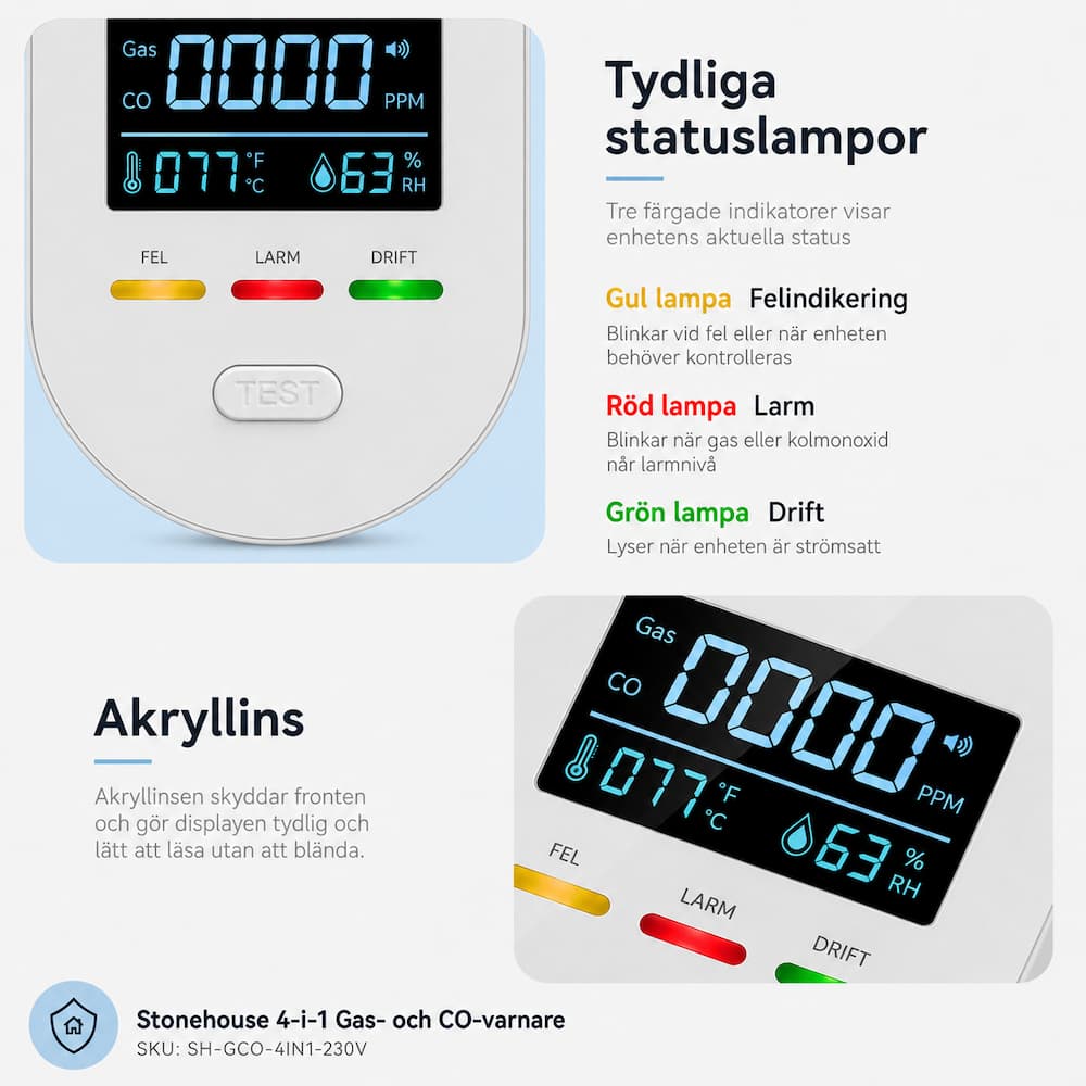 Stonehouse 4-i-1 Gas- och Kolmonoxidvarnare 230V med Temperatur och Luftfuktighet SH-GCO-4IN1-230V, Stonehouse 4-i-1 Gas- och Kolmonoxidvarnare 230V med Temperatur och Luftfuktighet - Bild 3